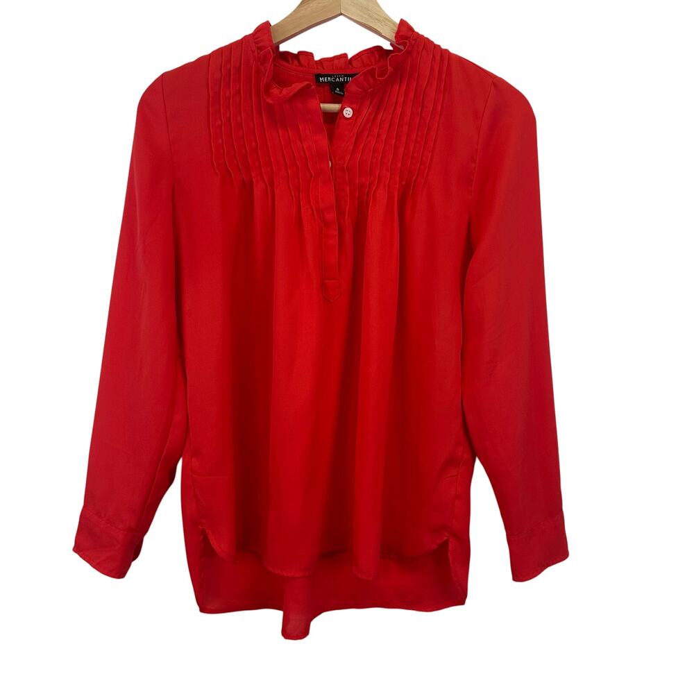 J. Crew Mercantile Women Red Smocked Long Sleeve Quarter Button Blouse Size 0